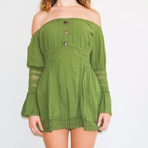 green gypsy/boho off-shoulder long sleeve dress